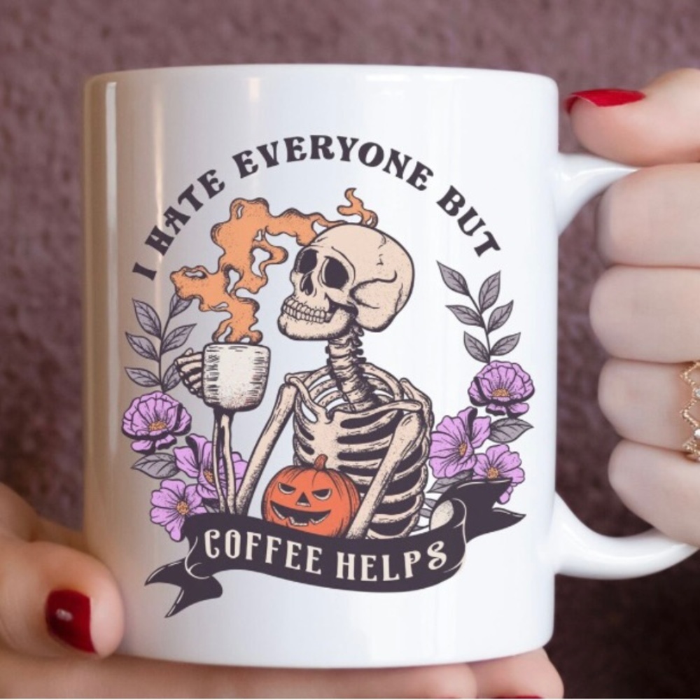 Halloween 🎃 I Hate Everybody but Coffee Helps graphic ceramic mug